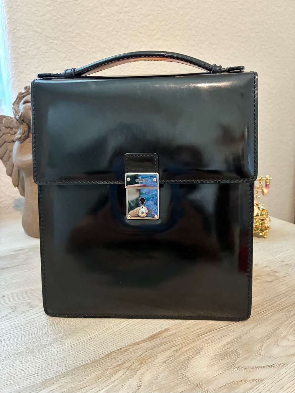 Gucci Vintage Black Patent Leather Top-Handle Bag with Suede Interior